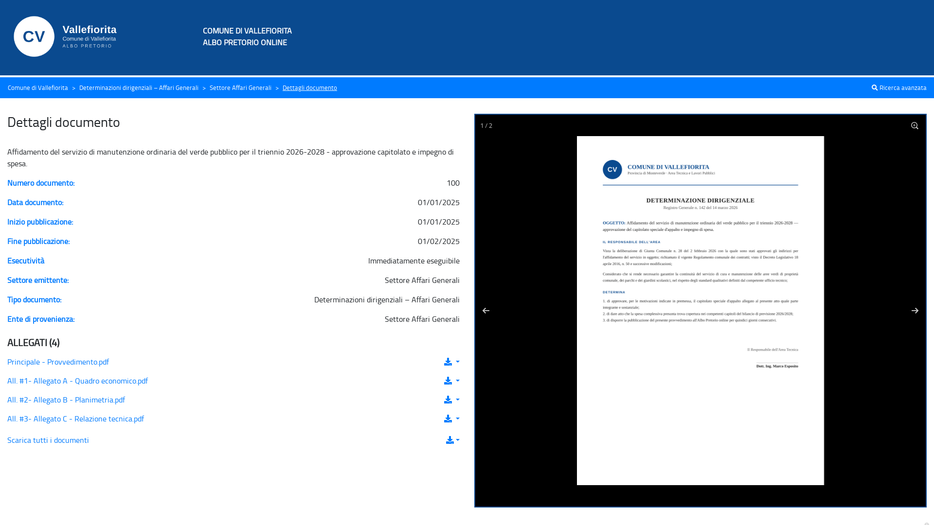 La pagina di dettaglio di un atto con dati e anteprima