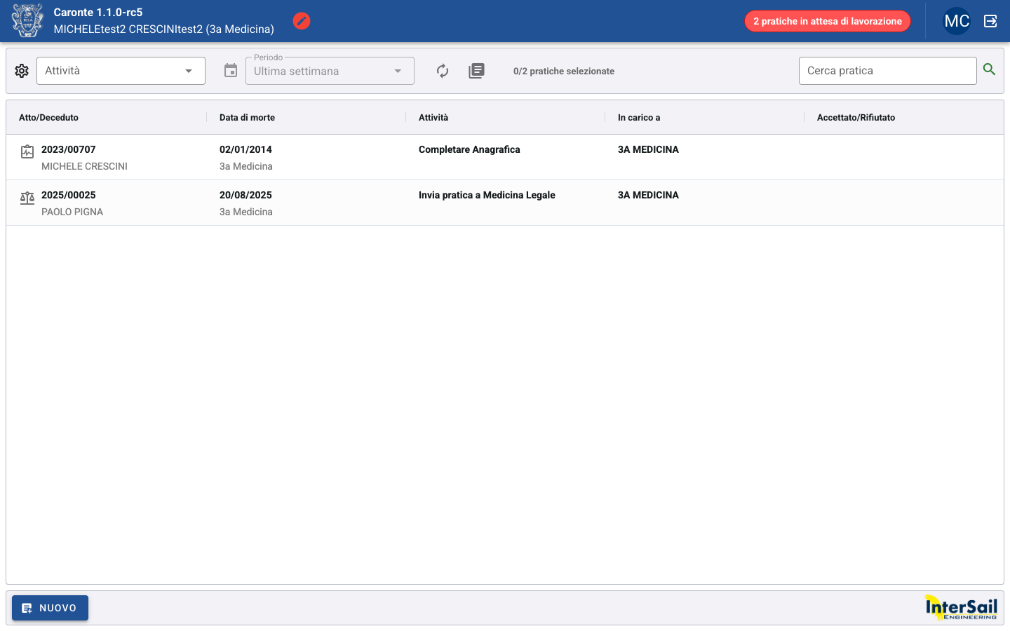 Dashboard di Caronte con lista pratiche