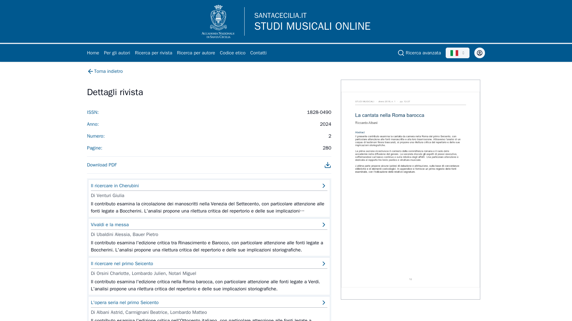 Il dettaglio di un fascicolo di Studi Musicali con i suoi articoli
