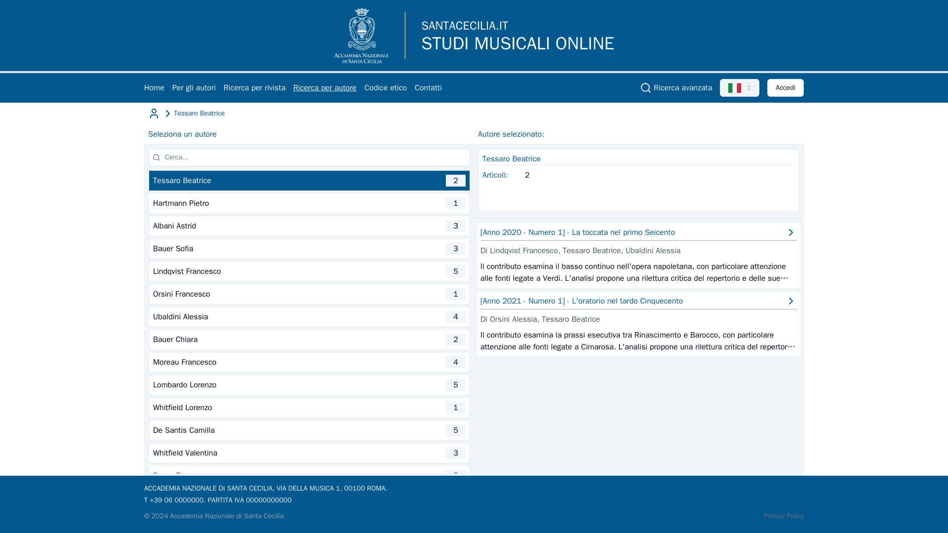 L'elenco degli autori e i contributi dell'autore selezionato