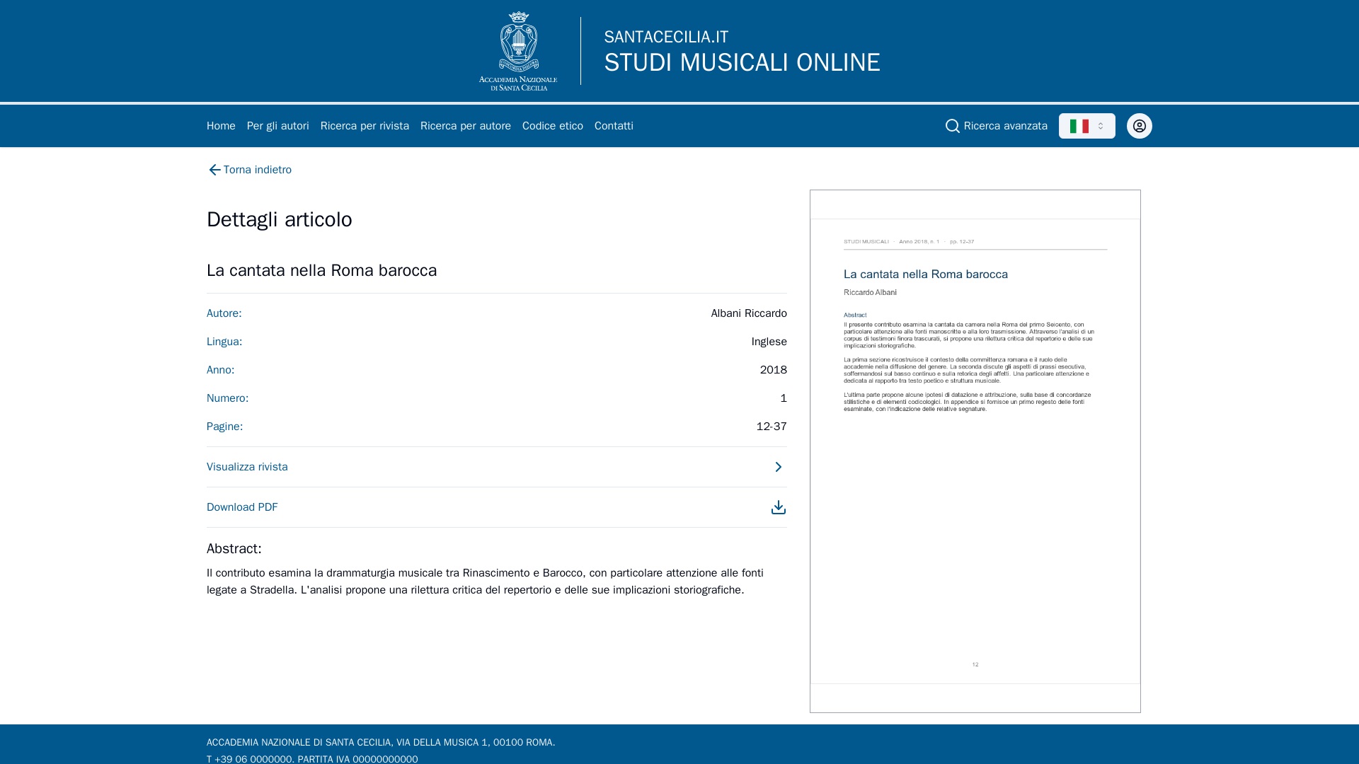 La pagina di dettaglio di un articolo, con dati, abstract e anteprima del PDF