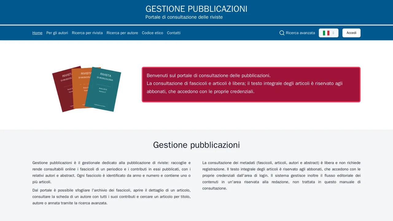 Schermata di Gestione Pubblicazioni