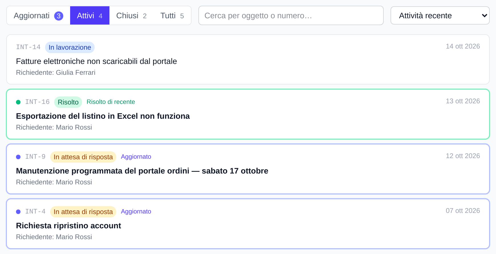 Portale clienti: l'elenco dei ticket di un referente con le schede Aggiornati, Attivi, Chiusi e Tutti
