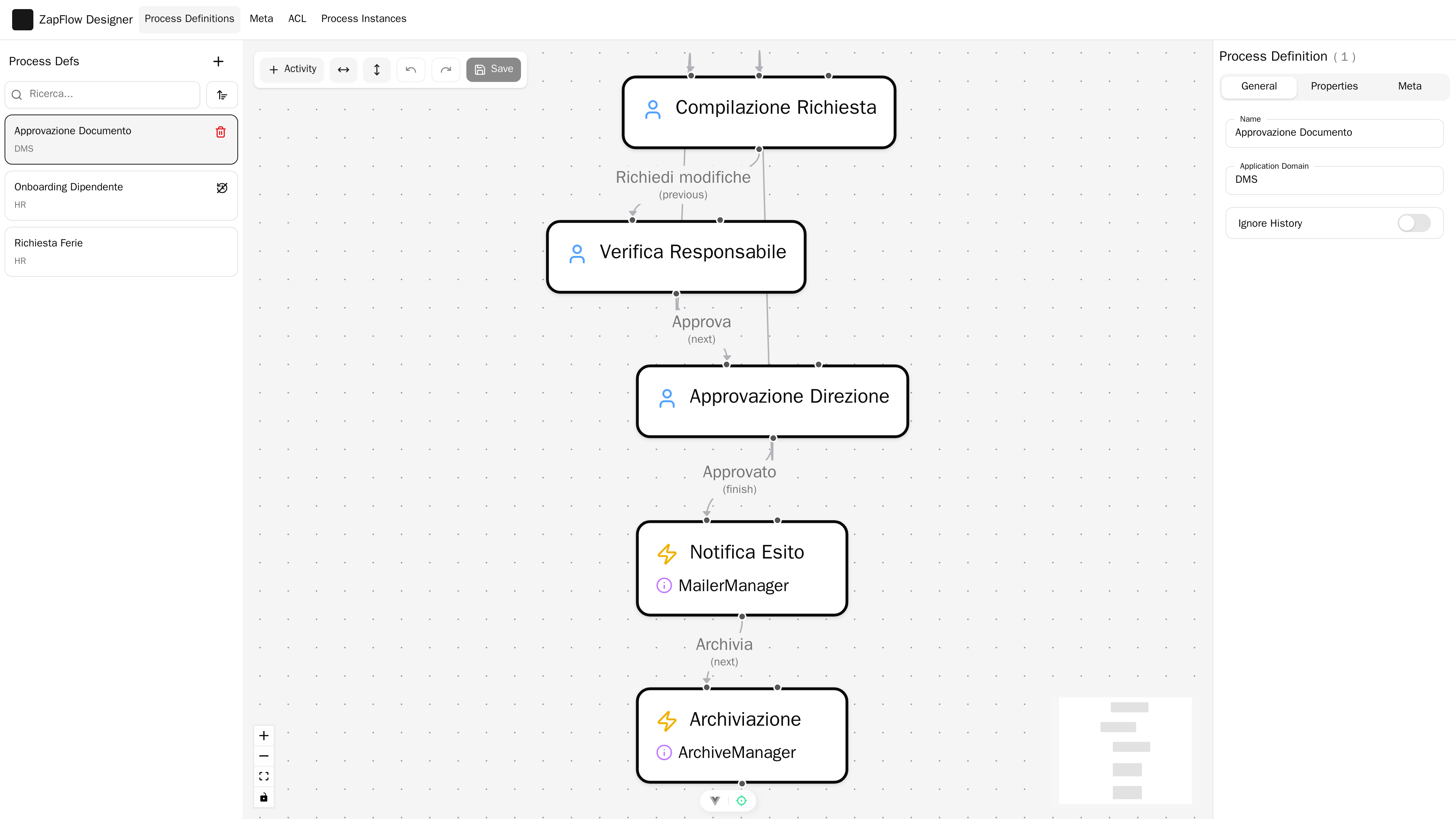 Il designer visuale di ZapFlow con un flusso di approvazione