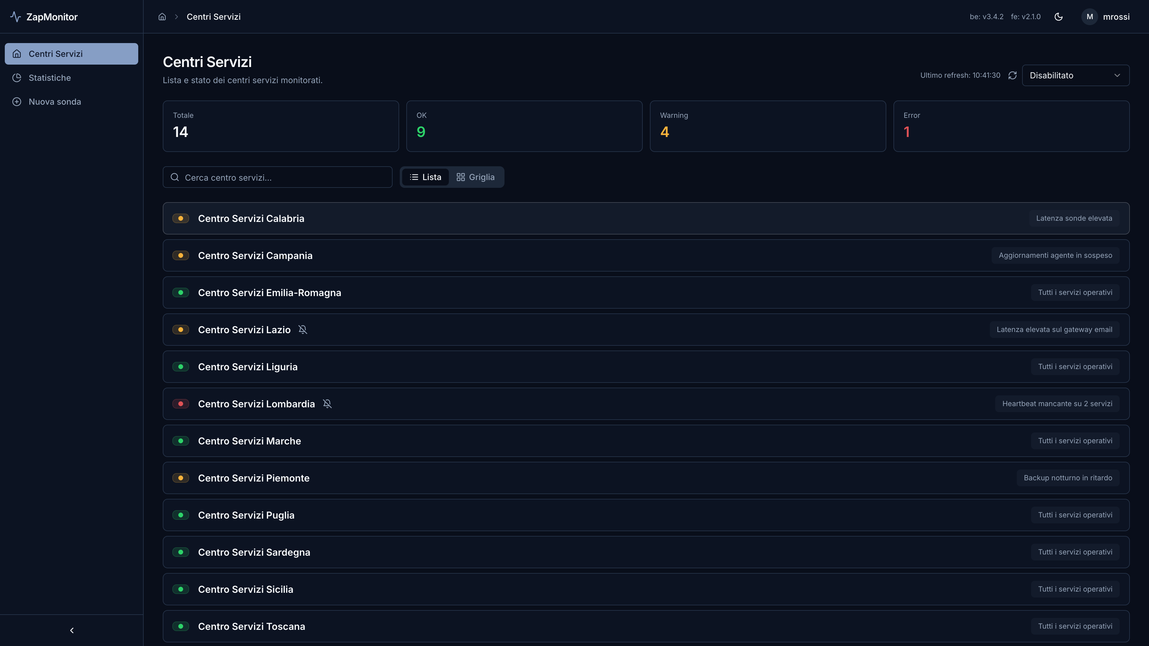 La console ZapMonitor in tema scuro