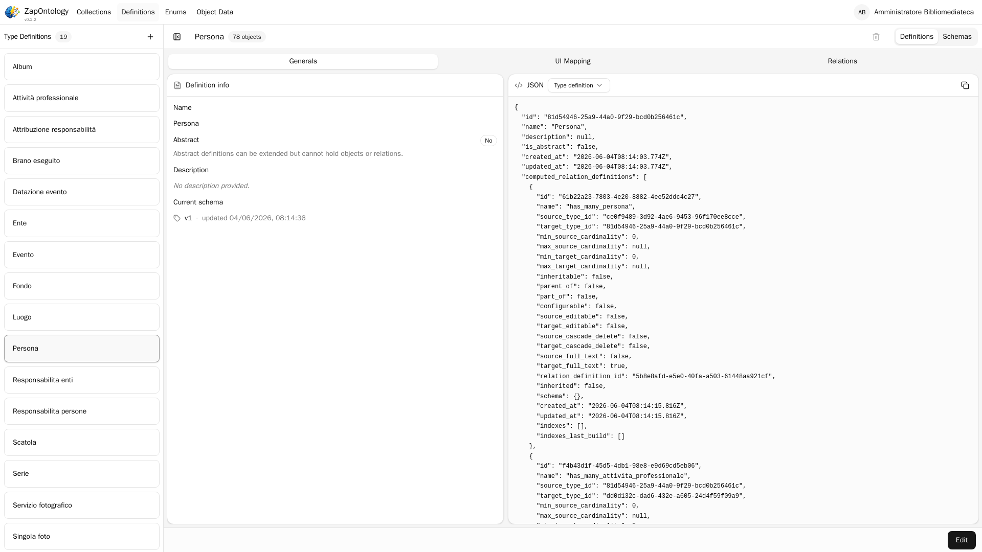 Il dettaglio di un tipo: informazioni, schema e JSON