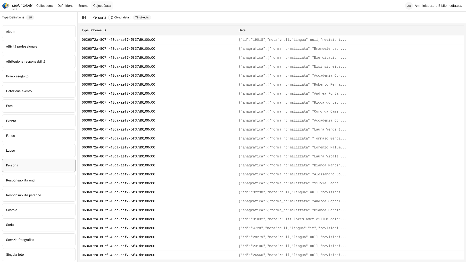 Il browser Object Data con le istanze reali dei tipi modellati